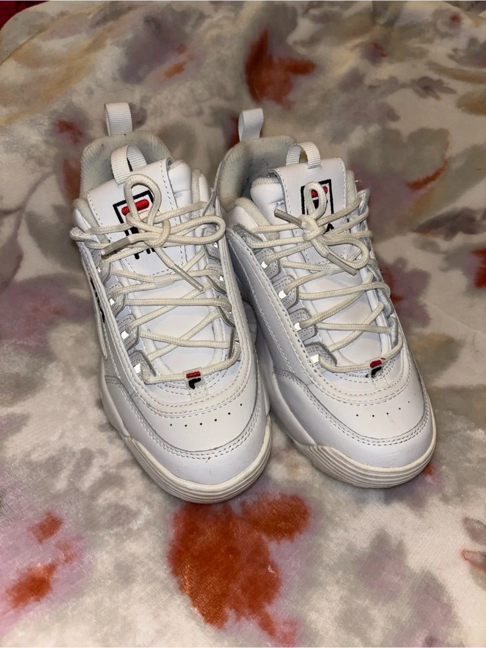 FILA White Leather Chunky Sneakers with Red & Navy Accents